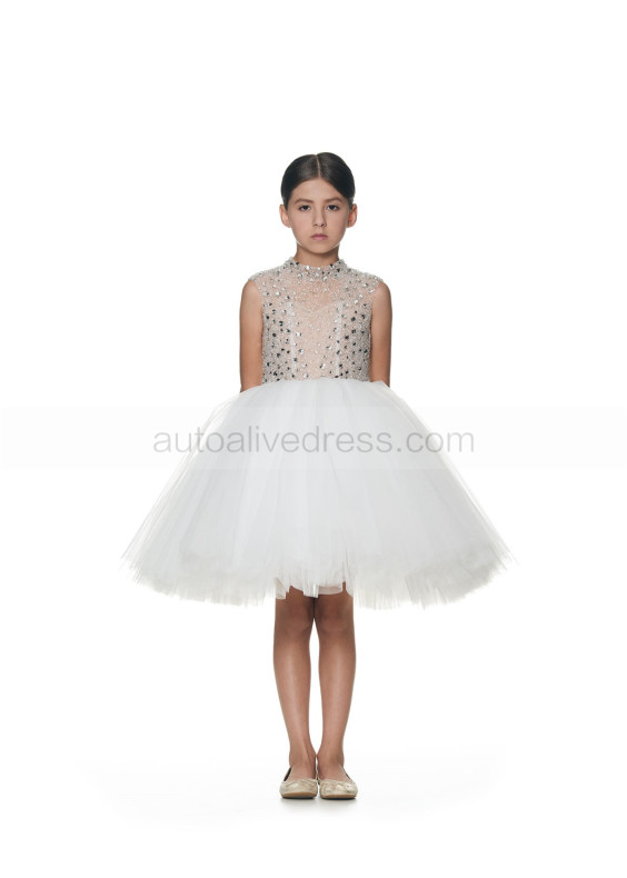 Stand-up Collar Beaded Ivory Tulle Shimmering Flower Girl Dress